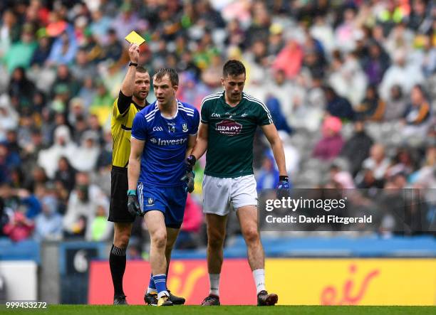 Dublin , Ireland - 15 July 2018; Referee Anthony Nolan shows both Jack McCarron of Monaghan and Tommy Moolick of Kildare a yellow card during the GAA...