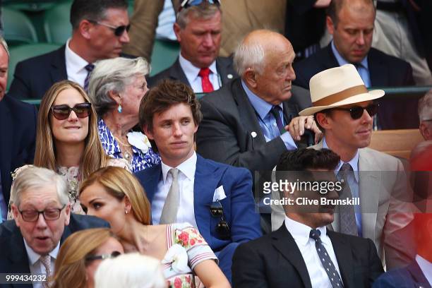 Hannah Redmayne, Eddie Redmayne and Benedict Cumberbatch attend the Men's Singles final on day thirteen of the Wimbledon Lawn Tennis Championships at...