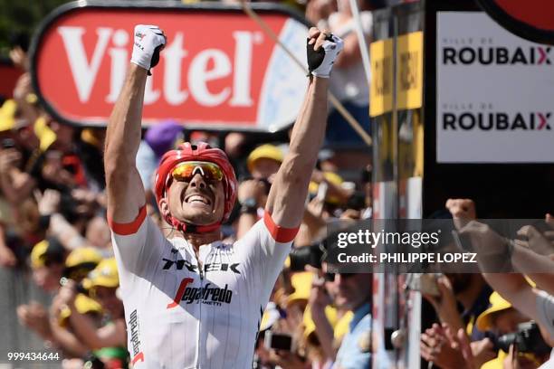 Germany's John Degenkolb celebrates as he crosses the finish line to win the ninth stage of the 105th edition of the Tour de France cycling race...
