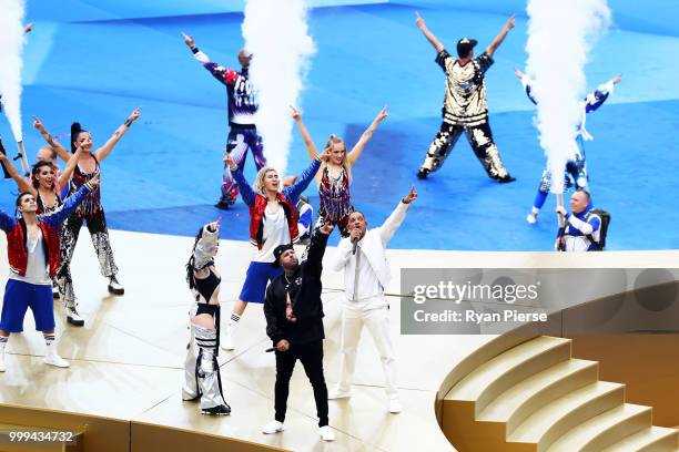 Will Smith, Nicky Jam and Era Istrefi perform during the closing ceremony prior to the 2018 FIFA World Cup Final between France and Croatia at...