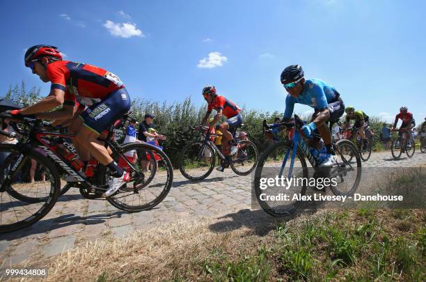 Nairo Quintana of Colombia and Movistar Team in action during the cobblestones sector between Tilloy and Sars-et-Rosieres on Stage 9, a 156,5km stage...