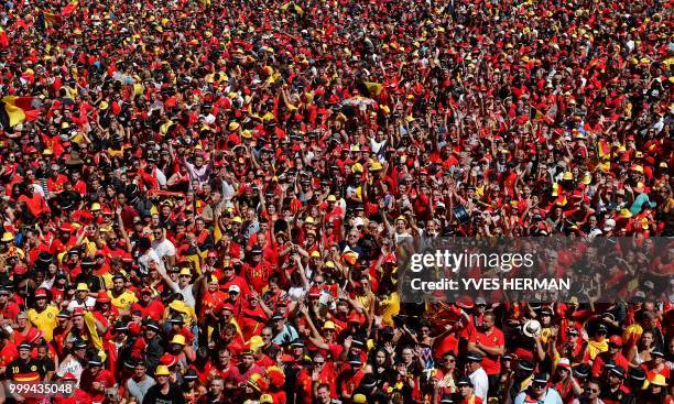 Picture shows the crowd waiting for the arrival of Belgium's Red Devil football players at the Grand Place/Grote Markt in Brussels city center, after...