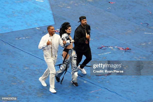 Will Smith, Nicky Jam and Era Istrefi perform during the closing ceremony prior to the 2018 FIFA World Cup Final between France and Croatia at...