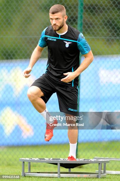 Valon Berisha of SS Lazio in action during the SS Lazio pre-season training camp on July 15, 2018 in Auronzo di Cadore nearBelluno, Italy.