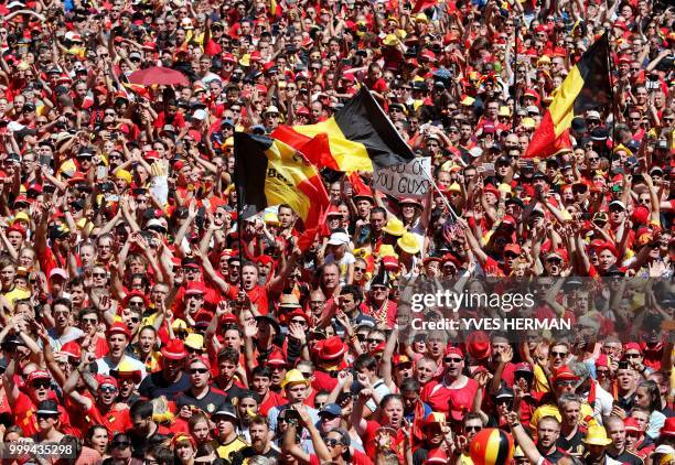 Picture shows the crowd waiting for the arrival of Belgium's Red Devil football players at the Grand Place/Grote Markt in Brussels city center, after...