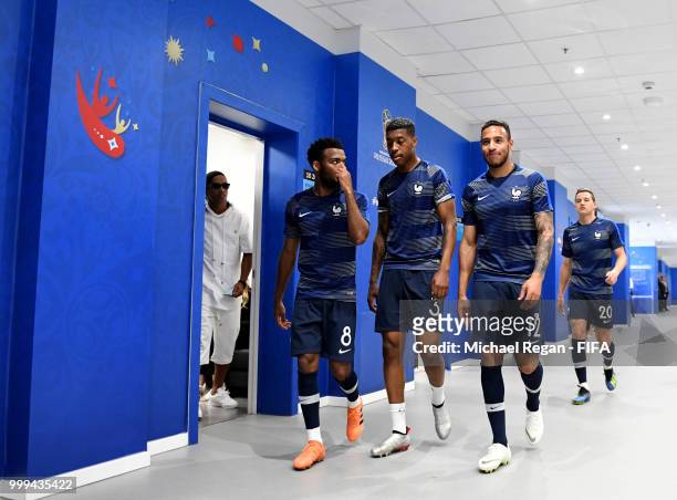 Thomas Lemar, Presnel Kimpembe, Corentin Tolisso and Florian Thauvin of France walk through the tunnel ahead of the 2018 FIFA World Cup Final between...