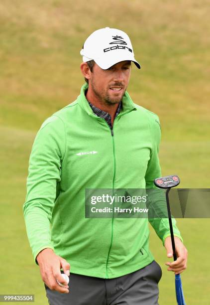 Alexander Bjork of Sweden reacts after his par putt on hole one during day four of the Aberdeen Standard Investments Scottish Open at Gullane Golf...