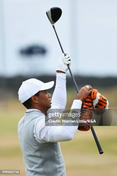 Tiger Woods of the United States practices on the driving range during previews to the 147th Open Championship at Carnoustie Golf Club on July 15,...