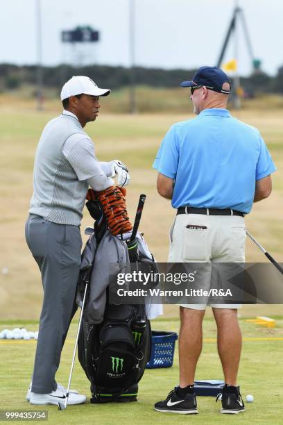 Tiger Woods of the United States seen on the driving range during previews to the 147th Open Championship at Carnoustie Golf Club on July 15, 2018 in...