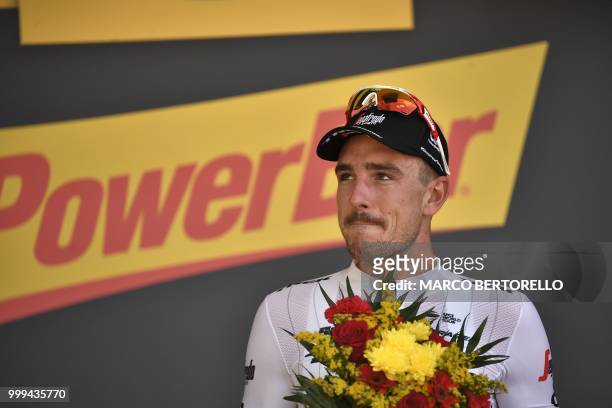 Germany's John Degenkolb reacts on the podium after winning the ninth stage of the 105th edition of the Tour de France cycling race between Arras and...
