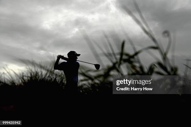 Russell Knox of Scotland takes his tee shot on hole three during day four of the Aberdeen Standard Investments Scottish Open at Gullane Golf Course...