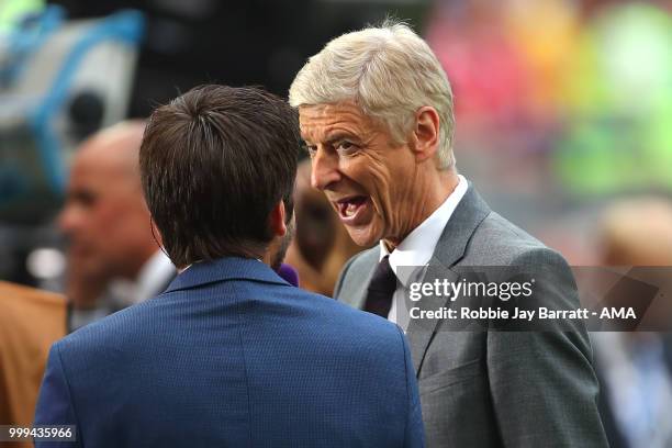 Arsene Wenger is interviewed for TV prior to the 2018 FIFA World Cup Russia Final between France and Croatia at Luzhniki Stadium on July 15, 2018 in...