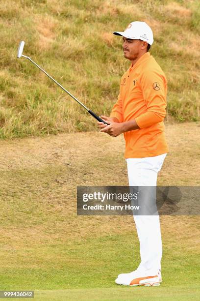 Rickie Fowler of USA celebrates his par putt on hole one during day four of the Aberdeen Standard Investments Scottish Open at Gullane Golf Course on...