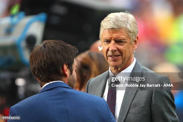 Arsene Wenger looks at a butterfly as he is interviewed for TV prior to the 2018 FIFA World Cup Russia Final between France and Croatia at Luzhniki...