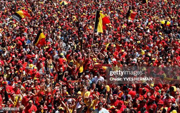 Picture shows the crowd waiting for the arrival of Belgium's Red Devil football players at the Grand Place/Grote Markt in Brussels city center, after...