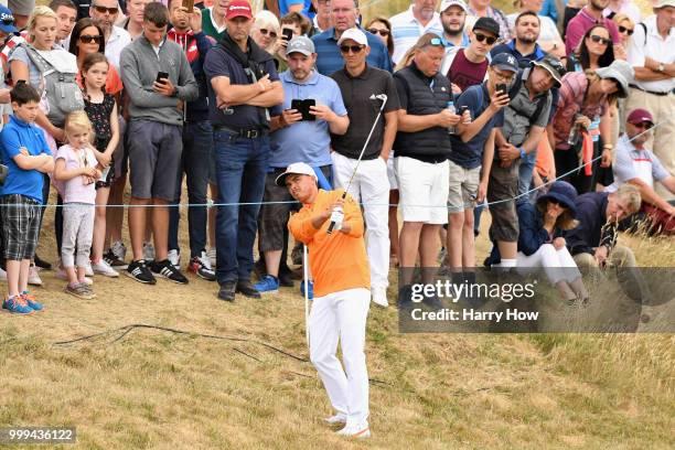 Rickie Fowler of USA plays out of the rough on hole one during day four of the Aberdeen Standard Investments Scottish Open at Gullane Golf Course on...