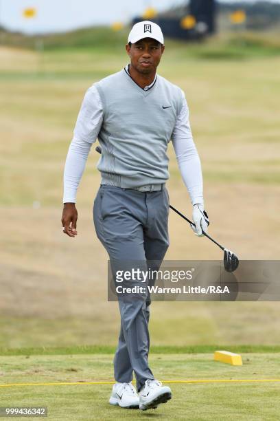 Tiger Woods of the United States seen on the driving range during previews to the 147th Open Championship at Carnoustie Golf Club on July 15, 2018 in...
