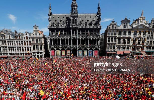 Picture shows the crowd waiting for the arrival of Belgium's Red Devil football players at the Grand Place/Grote Markt in Brussels city center, after...