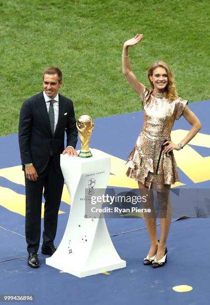 Russian model Natalia Vodianova and Former football player Philippe Lahm are seen during closing ceremony prior to the 2018 FIFA World Cup Final...