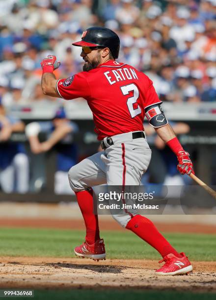Adam Eaton of the Washington Nationals in action against the New York Mets at Citi Field on July 14, 2018 in the Flushing neighborhood of the Queens...