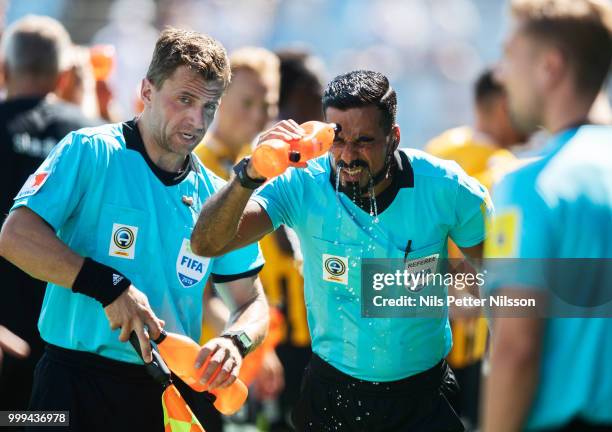 Mohammed Al-Hakim, referee during a cooling break during the Allsvenskan match between IFK Norrkoping and BK Hacken at Ostgotaporten on July 15, 2018...