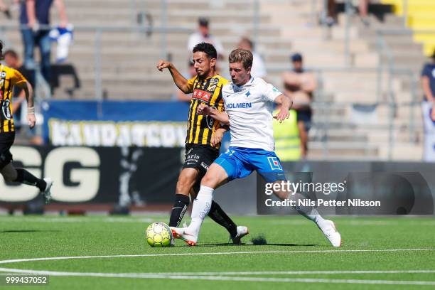 Daleho Irandust of BK Hacken and Alexander Fransson of IFK Norrkoping competes for the ball during the Allsvenskan match between IFK Norrkoping and...