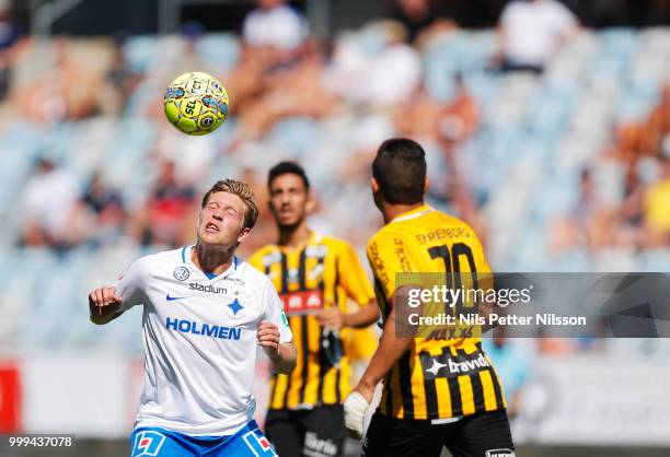 Alexander Fransson of IFK Norrkoping shoots a header during the Allsvenskan match between IFK Norrkoping and BK Hacken at Ostgotaporten on July 15,...