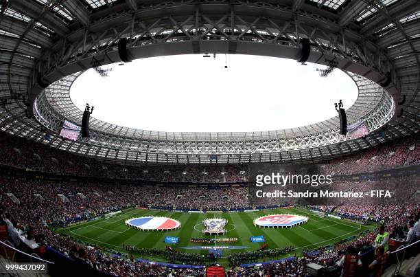 General view inside the stadiumas teams line up prior to the 2018 FIFA World Cup Final between France and Croatia at Luzhniki Stadium on July 15,...