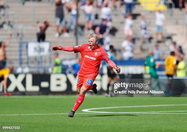 Isak Pettersson of IFK Norrkoping celebrates after of BK Hacken has scored an own goal during the Allsvenskan match between IFK Norrkoping and BK...