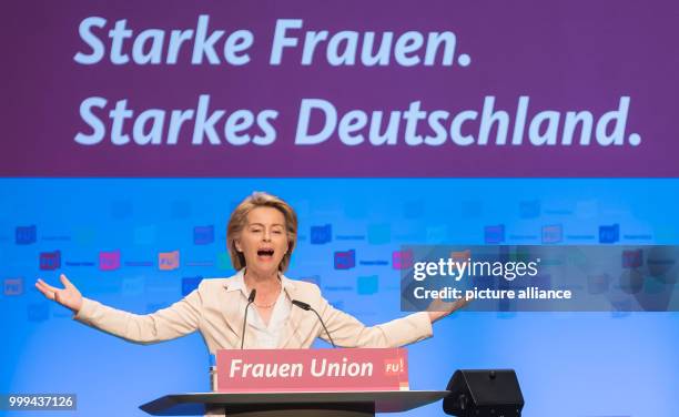 German Minister of Defence Ursula von der Leyen speaks at the Day of Federal Delegates of the Women's Union in Braunschweig, Germany, 26 August 2017....