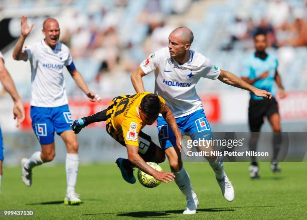 Paulinho of BK Hacken and Jon Gudni Fjoluson of IFK Norrkoping competes for the ball during the Allsvenskan match between IFK Norrkoping and BK...