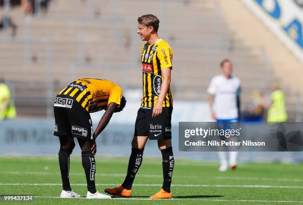 Nasiru Mohammed and Viktor Lundberg of BK Hacken dejected after the Allsvenskan match between IFK Norrkoping and BK Hacken at Ostgotaporten on July...