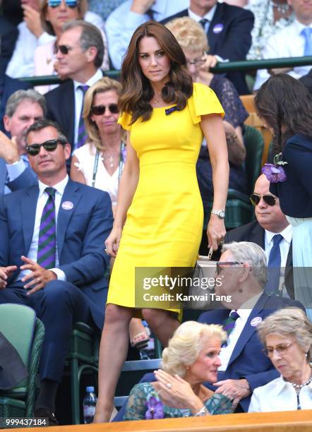 Catherine, Duchess of Cambridge attends the men's singles final on day thirteen of the Wimbledon Tennis Championships at the All England Lawn Tennis...