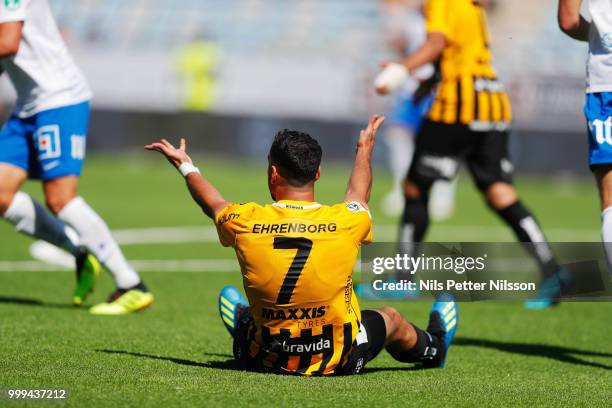 Mervan Celik of BK Hacken reacts during the Allsvenskan match between IFK Norrkoping and BK Hacken at Ostgotaporten on July 15, 2018 in Norrkoping,...