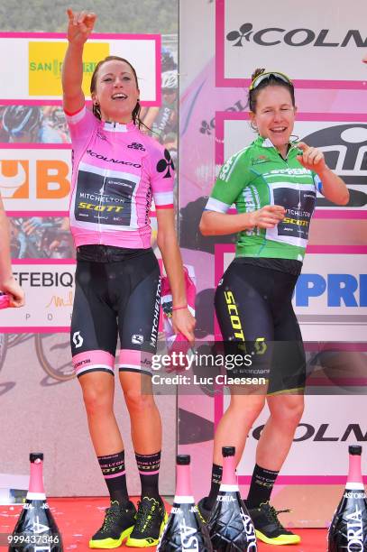 Podium / Annemiek van Vleuten of The Netherlands Pink leaders jersey / Amanda Spratt of Australia Green Points Jersey / Team Mitchelton-Scott of...