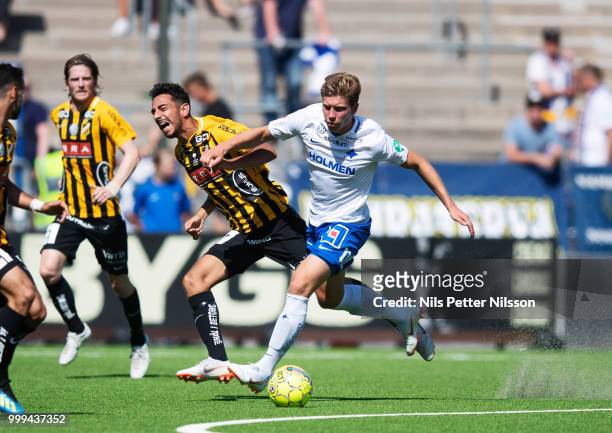 Daleho Irandust of BK Hacken and Alexander Fransson of IFK Norrkoping competes for the ball during the Allsvenskan match between IFK Norrkoping and...