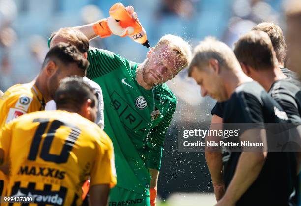 Peter Abrahamsson of BK Hacken during a cooling break during the Allsvenskan match between IFK Norrkoping and BK Hacken at Ostgotaporten on July 15,...