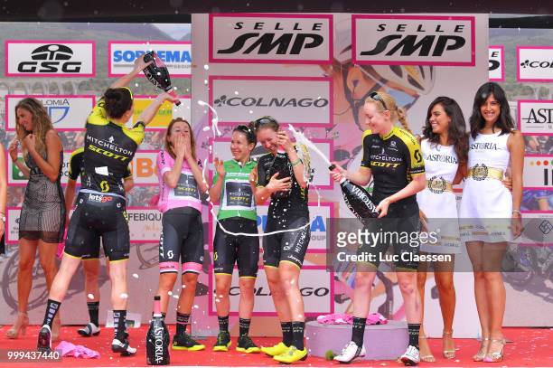 Podium / Annemiek van Vleuten of The Netherlands Pink leaders jersey / Amanda Spratt of Australia Green Points Jersey / Sarah Roy of jersey / Gracie...