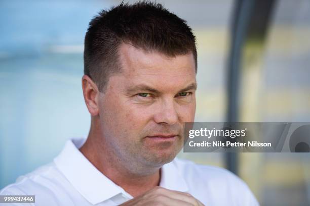 Jens Gustafsson, head coach of IFK Norrkoping during the Allsvenskan match between IFK Norrkoping and BK Hacken at Ostgotaporten on July 15, 2018 in...