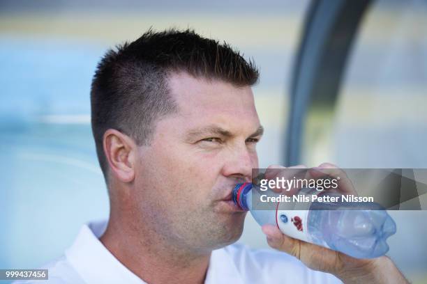 Jens Gustafsson, head coach of IFK Norrkoping during the Allsvenskan match between IFK Norrkoping and BK Hacken at Ostgotaporten on July 15, 2018 in...