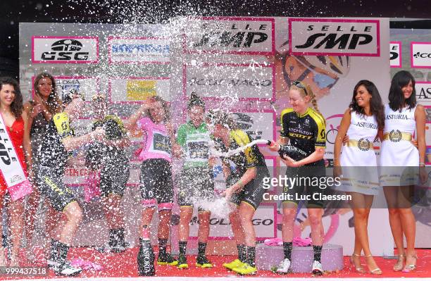 Podium / Annemiek van Vleuten of The Netherlands Pink leaders jersey / Amanda Spratt of Australia Green Points Jersey / Sarah Roy of jersey / Gracie...