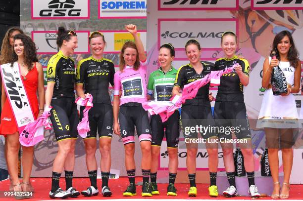 Podium / Annemiek van Vleuten of The Netherlands Pink leaders jersey / Amanda Spratt of Australia Green Points Jersey / Sarah Roy of jersey / Gracie...