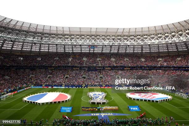 General view inside the stadium as teams line up prior to the 2018 FIFA World Cup Final between France and Croatia at Luzhniki Stadium on July 15,...
