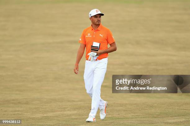 Rickie Fowler of USA looks on, on hole four during day four of the Aberdeen Standard Investments Scottish Open at Gullane Golf Course on July 15,...