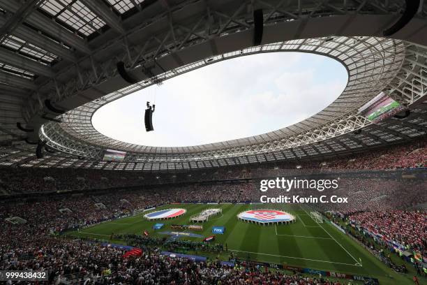 General view inside the stadium as the France and Croatia teams line up prior to the 2018 FIFA World Cup Final between France and Croatia at Luzhniki...