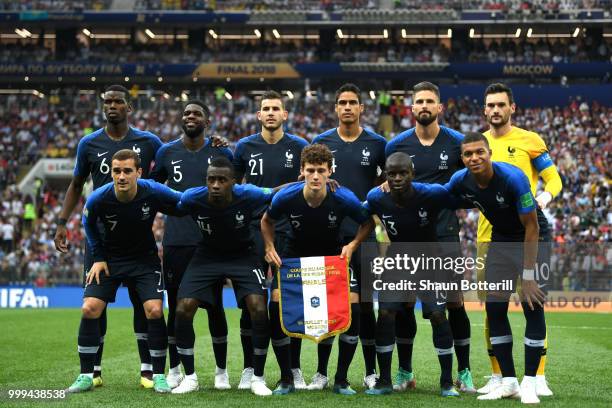 France players pose for a team photo prior to the 2018 FIFA World Cup Final between France and Croatia at Luzhniki Stadium on July 15, 2018 in...