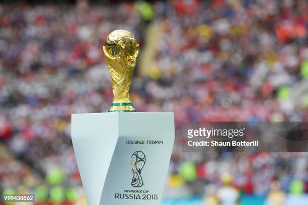 The World Cup trophy is seen during closing ceremony prior to the 2018 FIFA World Cup Final between France and Croatia at Luzhniki Stadium on July...