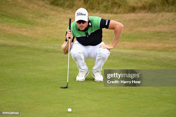 Jens Dantorp of Sweden lines up a putt on hole one during day four of the Aberdeen Standard Investments Scottish Open at Gullane Golf Course on July...