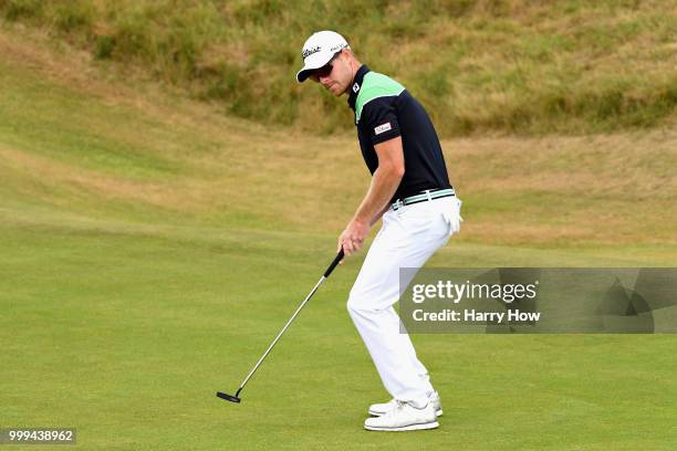 Jens Dantorp of Sweden reacts to a missed birdie putt on hole one during day four of the Aberdeen Standard Investments Scottish Open at Gullane Golf...