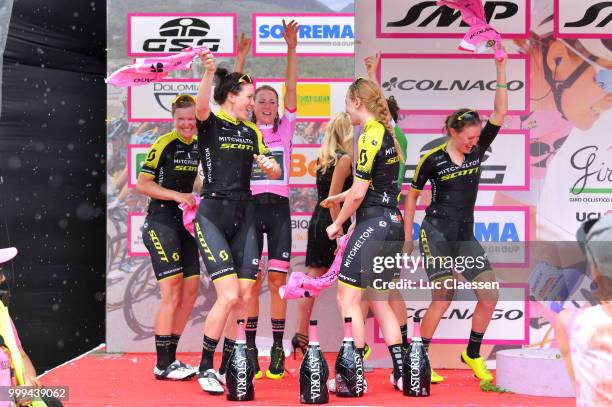 Podium / Annemiek van Vleuten of The Netherlands Pink leaders jersey / Amanda Spratt of Australia Green Points Jersey / Sarah Roy of jersey / Gracie...